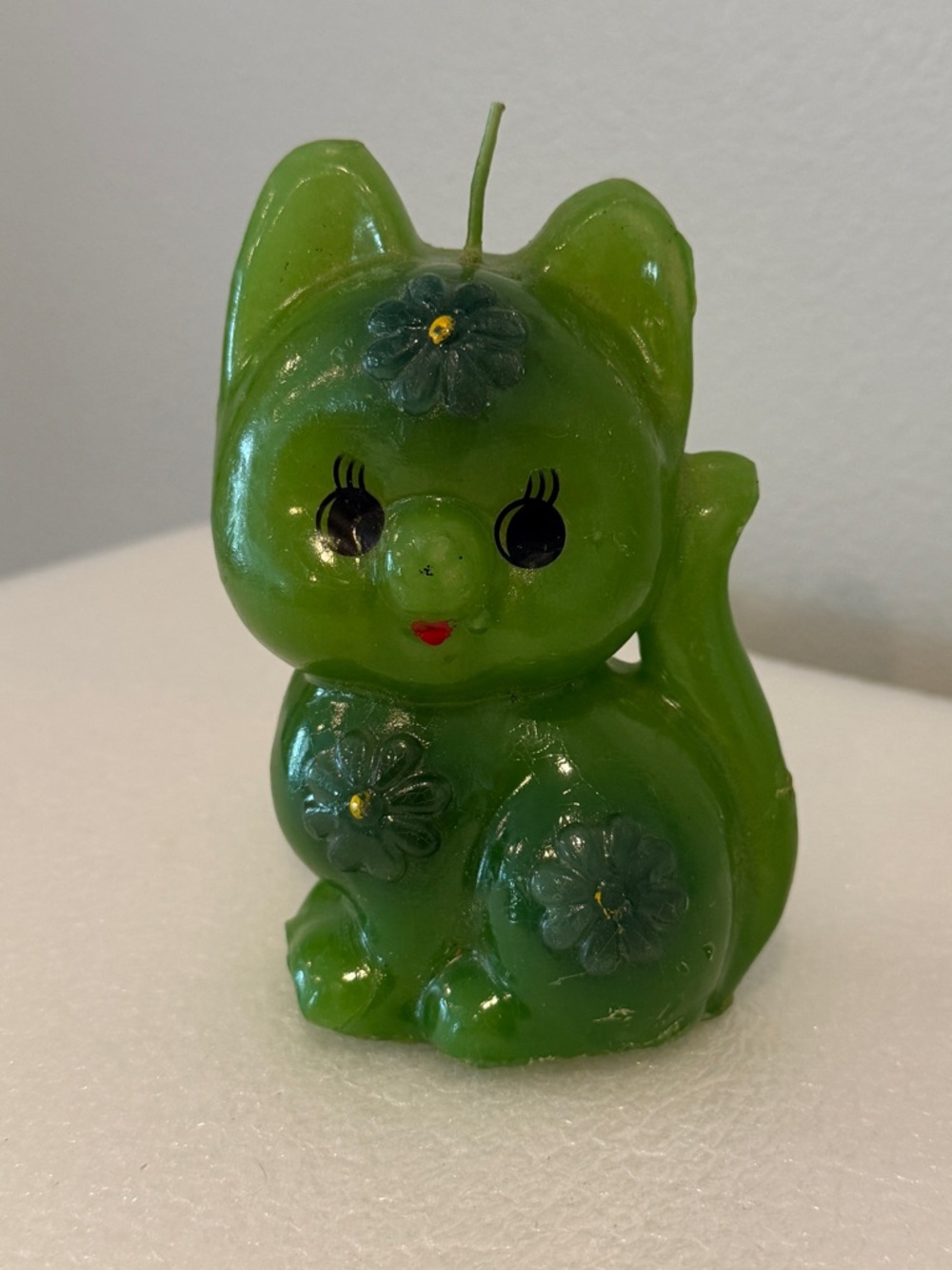 Vintage Green Cat Kitty Candle MCM Handpainted